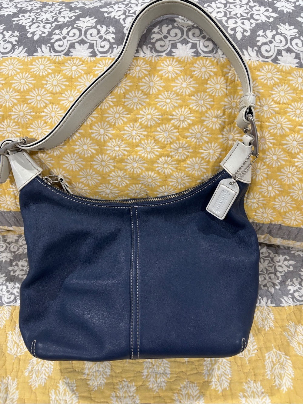 Coach Navy (Penn State blue) Leather Shoulder Bag with Cream Strap